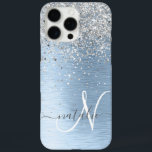 Blue Brushed Metal Silver Glitter Monogram Name iPhone 16 Pro Max Case<br><div class="desc">Easily personalize this trendy chic phone case design featuring pretty silver sparkling glitter on a blue brushed metallic background.</div>