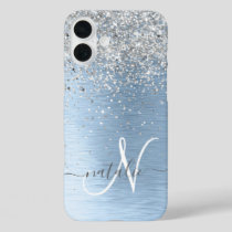 Blue Brushed Metal Silver Glitter Monogram Name iPhone 16 Plus Case