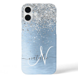 Blue Brushed Metal Silver Glitter Monogram Name iPhone 16 Plus Case