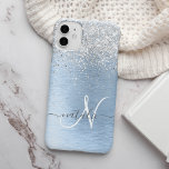 Blue Brushed Metal Silver Glitter Monogram Name iPhone 12 Case<br><div class="desc">Easily personalize this trendy chic phone case design featuring pretty silver sparkling glitter on a blue brushed metallic background.</div>
