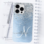 Blue Brushed Metal Silver Glitter Monogram Name Case-Mate iPhone 14 Pro Max Case<br><div class="desc">Easily personalize this trendy chic phone case design featuring pretty silver sparkling glitter on a blue brushed metallic background.</div>