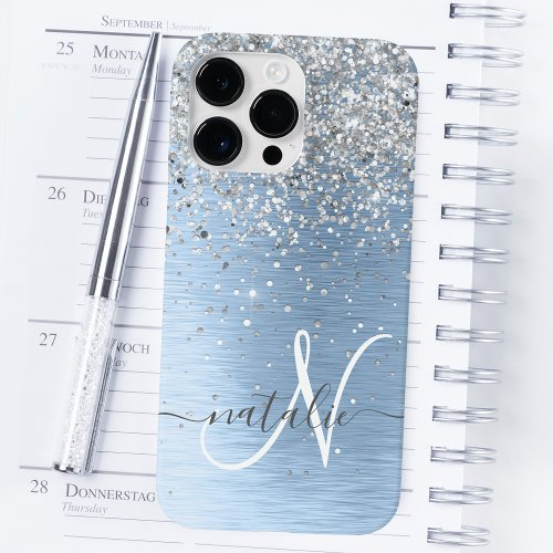 Blue Brushed Metal Silver Glitter Monogram Name Case_Mate iPhone 14 Pro Max Case