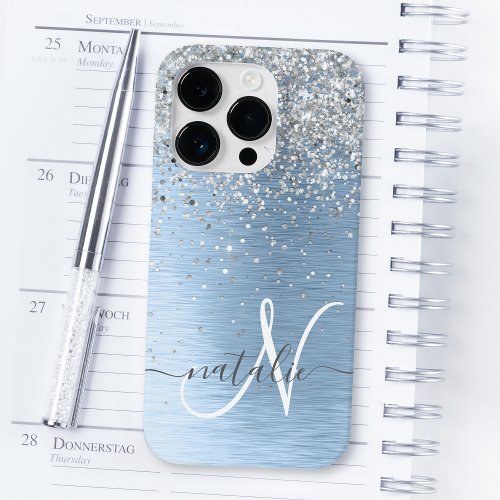 Blue Brushed Metal Silver Glitter Monogram Name Case_Mate iPhone 14 Pro Case