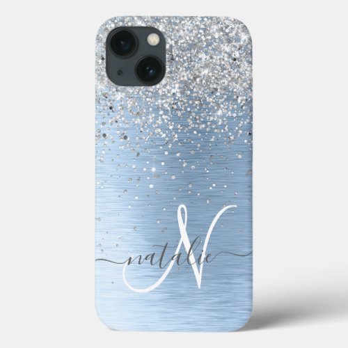 Blue Brushed Metal Silver Glitter Monogram Name iPhone 13 Case