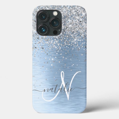 Blue Brushed Metal Silver Glitter Monogram Name iPhone 13 Pro Case