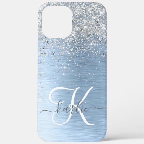 Blue Brushed Metal Silver Glitter Monogram Name iPhone 12 Pro Max Case