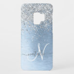 Blue Brushed Metal Silver Glitter Monogram Name Case-Mate Samsung Galaxy S9 Case<br><div class="desc">Easily personalize this trendy chic phone case design featuring pretty silver sparkling glitter on a blue brushed metallic background.</div>