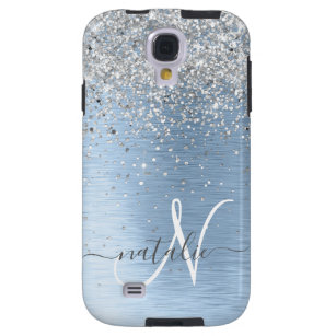 Blue Brushed Metal Silver Glitter Monogram Name Galaxy S4 Case