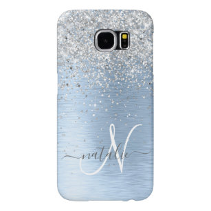 Blue Brushed Metal Silver Glitter Monogram Name Samsung Galaxy S6 Case