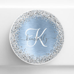 Blue Brushed Metal Silver Glitter Monogram Name Ceramic Knob