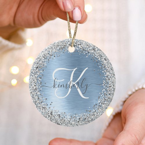 Blue Brushed Metal Silver Glitter Monogram Name Ceramic Ornament