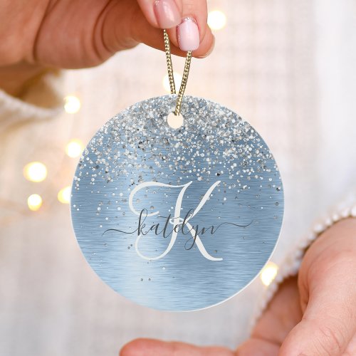 Blue Brushed Metal Silver Glitter Monogram Name Ceramic Ornament