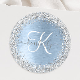 Blue Brushed Metal Silver Glitter Monogram Name Classic Round Sticker