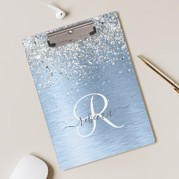 Blue Brushed Metal Silver Glitter Monogram Name Clipboard