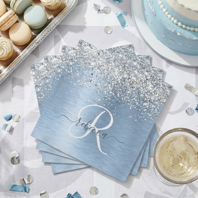 Blue Brushed Metal Silver Glitter Monogram Name Cloth Napkin (Creator Uploaded)