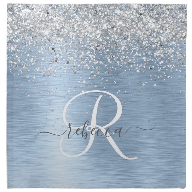 Blue Brushed Metal Silver Glitter Monogram Name Cloth Napkin (Front)