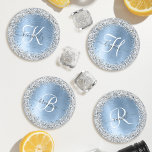 Blue Brushed Metal Silver Glitter Monogram Name Coaster Set<br><div class="desc">Easily personalize this trendy chic coaster set design featuring pretty silver sparkling glitter on a blue brushed metallic background.</div>