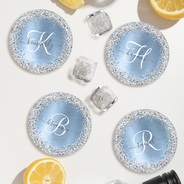Blue Brushed Metal Silver Glitter Monogram Name Coaster Set (Creator Uploaded)