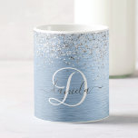 Blue Brushed Metal Silver Glitter Monogram Name Coffee Mug<br><div class="desc">Easily personalize this trendy chic coffee mug design featuring pretty silver sparkling faux glitter on a blue brushed metallic background.</div>