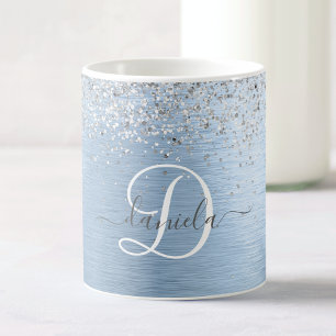 Blue Brushed Metal Silver Glitter Monogram Name Coffee Mug