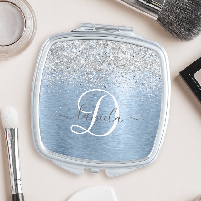 Blue Brushed Metal Silver Glitter Monogram Name Compact Mirror (Creator Uploaded)