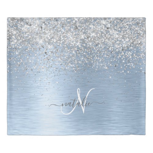 Blue Brushed Metal Silver Glitter Monogram Name Duvet Cover