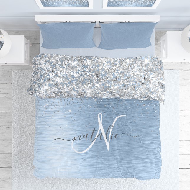Blue Brushed Metal Silver Glitter Monogram Name Duvet Cover (Creator Uploaded)