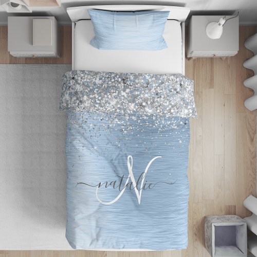 Blue Brushed Metal Silver Glitter Monogram Name Duvet Cover