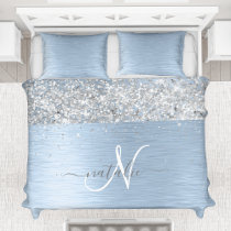 Blue Brushed Metal Silver Glitter Monogram Name Duvet Cover