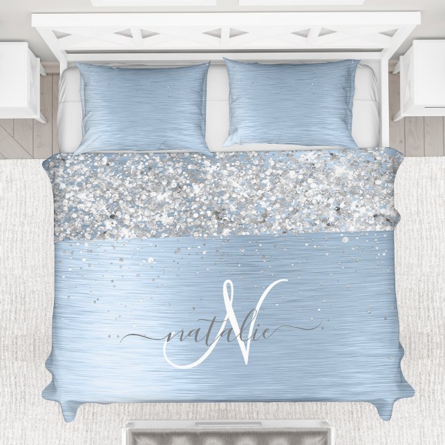 Blue Brushed Metal Silver Glitter Monogram Name Duvet Cover (Creator Uploaded)