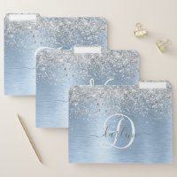 Blue Brushed Metal Silver Glitter Monogram Name