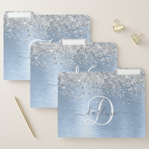 Blue Brushed Metal Silver Glitter Monogram Name File Folder