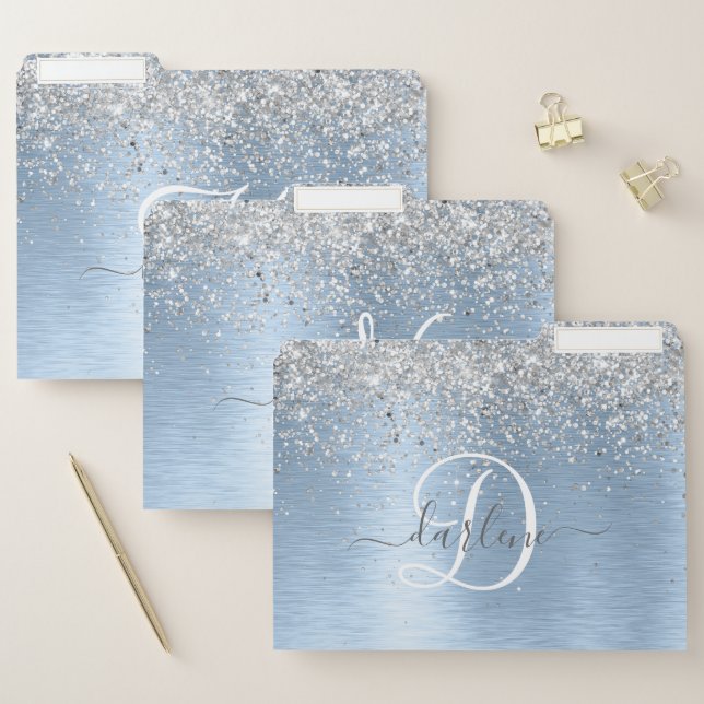 Blue Brushed Metal Silver Glitter Monogram Name File Folder (Set)