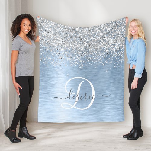 Blue Brushed Metal Silver Glitter Monogram Name Fleece Blanket