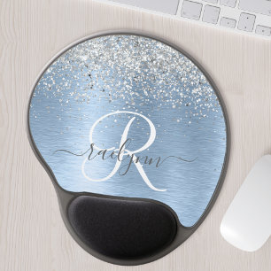 Blue Brushed Metal Silver Glitter Monogram Name Gel Mouse Pad