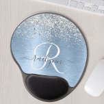 Blue Brushed Metal Silver Glitter Monogram Name Gel Mouse Pad<br><div class="desc">Easily personalize this trendy chic mouse pad design featuring pretty silver sparkling glitter on a blue brushed metallic background.</div>