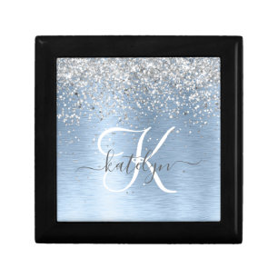 Blue Brushed Metal Silver Glitter Monogram Name Gift Box