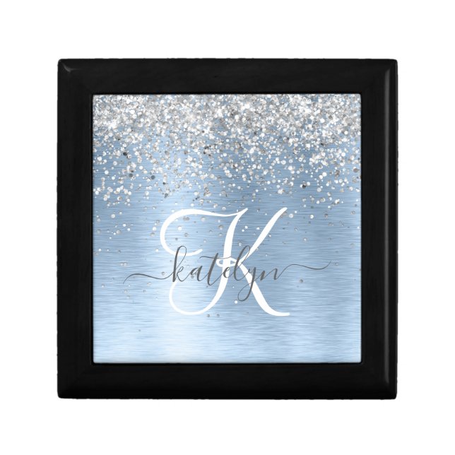 Blue Brushed Metal Silver Glitter Monogram Name Gift Box (Front)