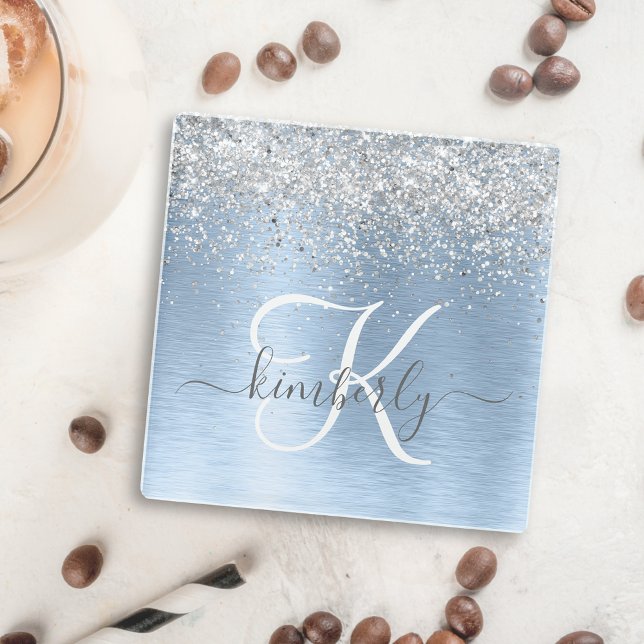 Blue Brushed Metal Silver Glitter Monogram Name Glass Coaster (Creator Uploaded)