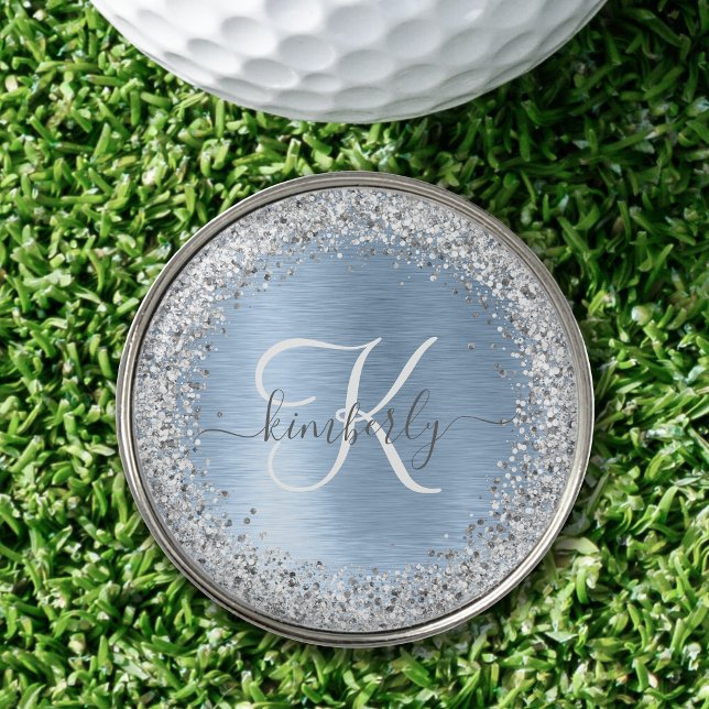 Blue Brushed Metal Silver Glitter Monogram Name Golf Ball Marker (Creator Uploaded)