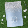Blue Brushed Metal Silver Glitter Monogram Name Golf Towel