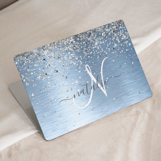 Blue Brushed Metal Silver Glitter Monogram Name HP Laptop Skin (Creator Uploaded)