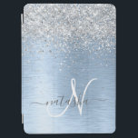 Blue Brushed Metal Silver Glitter Monogram Name iPad Air Cover<br><div class="desc">Easily personalize this trendy chic ipad cover design featuring pretty silver sparkling glitter on a blue brushed metallic background.</div>