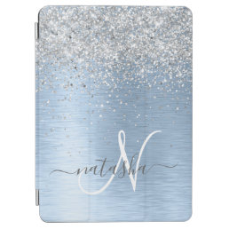 Blue Brushed Metal Silver Glitter Monogram Name iPad Air Cover