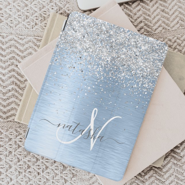 Blue Brushed Metal Silver Glitter Monogram Name iPad Mini Cover (Creator Uploaded)