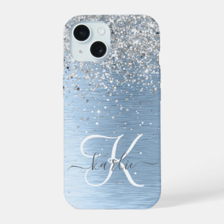 Blue Brushed Metal Silver Glitter Monogram Name iPhone 15 Case