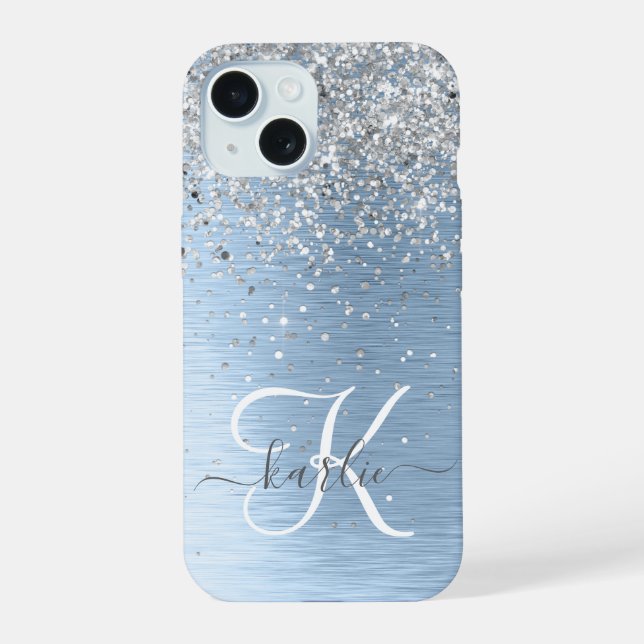 Blue Brushed Metal Silver Glitter Monogram Name iPhone 15 Case (Back)