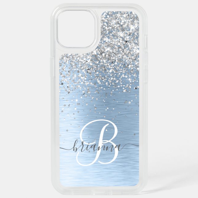 Blue Brushed Metal Silver Glitter Monogram Name iPhone 15 Plus Case (Back)