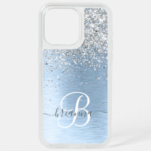 Blue Brushed Metal Silver Glitter Monogram Name iPhone 15 Pro Max Case