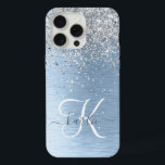 Blue Brushed Metal Silver Glitter Monogram Name iPhone 15 Pro Max Case<br><div class="desc">Easily personalize this trendy chic phone case design featuring pretty silver sparkling glitter on a blue brushed metallic background.</div>